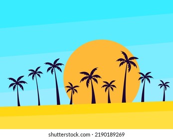 Palm trees against the backdrop of the sun. Beach landscape with palm trees in a minimalist style. Black silhouettes of palm trees. Design for banners, posters and brochures. Vector illustration
