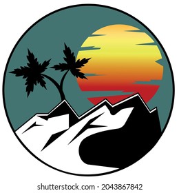 palm trees against the background of mountains ahd the settung sun