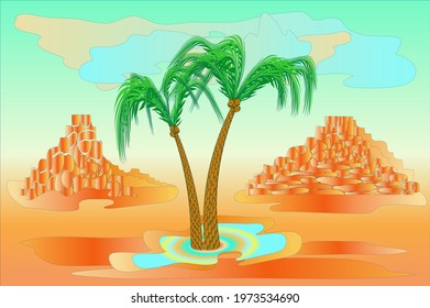 Palm trees against the background of orange-yellow ruins in the desert. Use it for illustrations and design.