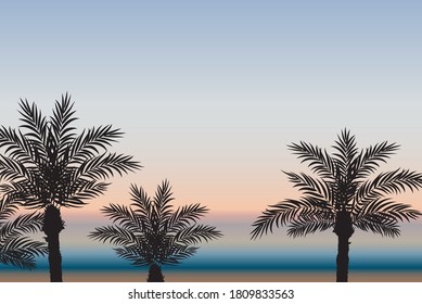 Palm trees against the background of the sea and sunset. Vector Illustration. EPS10