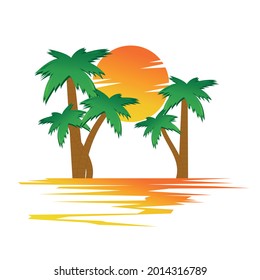 Palmeras en el fondo del sol y el brillo del agua, ilustración vectorial en un estilo plano