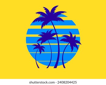 Palm trees against the background of the sun in retro style. Tropical palm trees at sunset in 80s style. Design of advertising brochures, banners, posters, travel agencies. Vector illustration