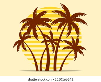 Palmeras contra el fondo del sol en estilo retro. Palmeras tropicales al atardecer en estilo de los años 80. Diseño de folletos publicitarios, Anuncios, carteles, agencias de viajes. Ilustración vectorial