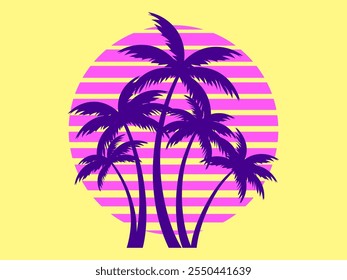 Palm trees against the background of the sun in retro style. Tropical palm trees at sunset in 80s style. Design of advertising brochures, banners, posters, travel agencies. Vector illustration