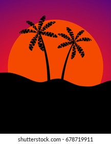 Palm trees against the background of the sun. Banner with space for text. Vector Illustration
