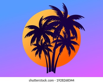 Palm trees against a gradient sun in the style of the 80s. Synthwave and retrowave style. Orange color. Design for advertising brochures, banners, posters, travel agencies. Vector illustration