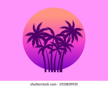 Palmeras frente a un sol degradado al estilo de los años 80. Sintonismo y estilo de reola. Color naranja. Diseño de folletos publicitarios, pancartas, carteles, agencias de viajes. Ilustración del vector
