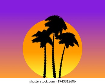 Palm trees against a gradient sun in the style of the 80s. Synthwave and retrowave style. Orange color. Design for advertising brochures, banners, posters, travel agencies. Vector illustration