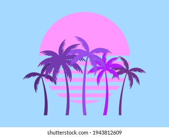 Palm trees against a gradient sun in the style of the 80s. Synthwave and retrowave style. Orange color. Design for advertising brochures, banners, posters, travel agencies. Vector illustration