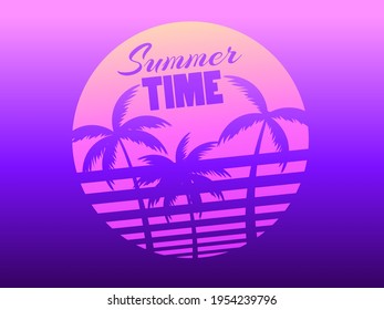 Palm trees against a gradient sun in the style of the 80s. Synthwave and retrowave style. Violet color. Design for advertising brochures, banners, posters, travel agencies. Vector illustration