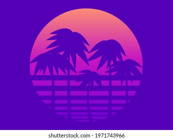 Palm trees against a gradient sun in the style of the 80s. Retro sci-fi sunset. Synthwave and retrowave style. Design for advertising brochures, banners, posters, travel agencies. Vector illustration