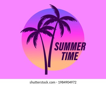 Palm trees against a gradient sun in the style of the 80s. Synthwave and retrowave style. Design for advertising brochures, banners, posters and travel agencies. Vector illustration
