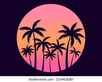 Palm Trees Against A Gradient Sun. Outlines Of Tropical Palm Trees At Sunset, Miami. Design For Advertising Brochures, Banners, Posters, Travel Agencies. Vector Illustration