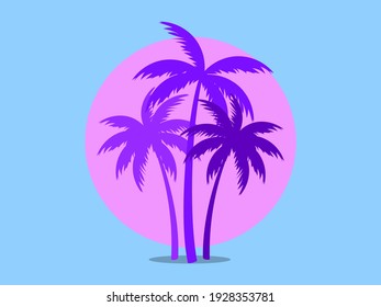 Palm trees against a pink sun in the style of the 80s. Synthwave and 80s style retrowave. Design for advertising brochures, banners, posters, travel agencies. Vector illustration