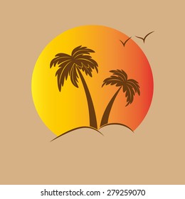 Palm trees against the setting sun. Vector illustration. Flat design style.