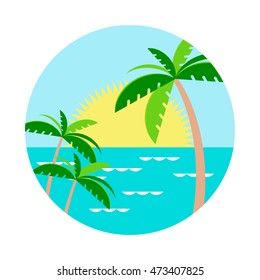 Palm trees against the setting sun in the water. Tropical background with sea. Flat style. Vector illustration.
