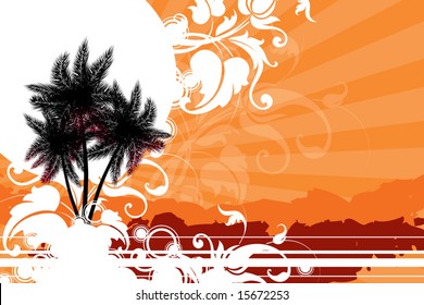 palm trees against the sun decorated with decorative elements