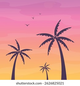 Palmeiras contra o céu do pôr do sol. Ver abaixo. Pôr do sol nos trópicos. Banner, cartão postal.