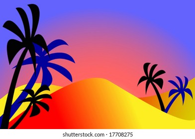 Palm trees against a tropical sunset illustration