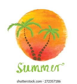 Palm trees against the watercolor sun. Vector logo illustration.