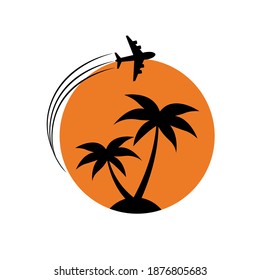 Palm trees and airplane isolated on white background. Vector illustration of travelling concept with plane and coconut trees on the island 