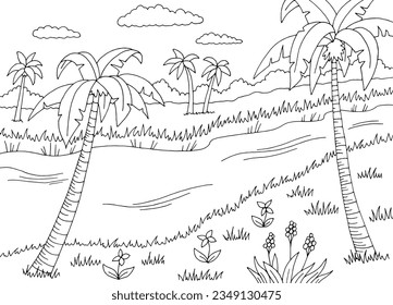 Palm trees along the river graphic black white landscape sketch illustration vector