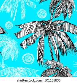Palm trees background. Beauty palm leaves drawing hand. Graphic design tropical pattern.