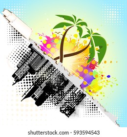 Palm trees background and city. Vector