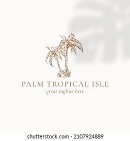 Palm Trees Badge or Logo Template. Hand Drawn Tropical Plant Sketch with Typography. Premium Nature Emblem Isolated