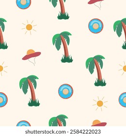 Palm Trees and Beach Items Pattern
A tropical seamless pattern with palm trees, beach hats, inflatable rings, and the sun.