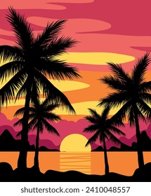 Palm trees beach landscape. Summer sunset on sea, black silhouettes of tropical plants, exotic coastal view, vector background illustration.eps
