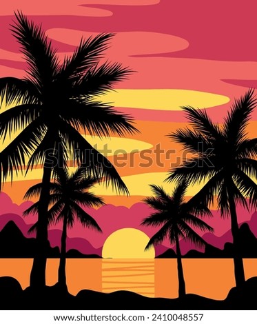 Palm trees beach landscape. Summer sunset on sea, black silhouettes of tropical plants, exotic coastal view, vector background illustration.eps
