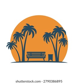 Palm trees, bench, and trash can icon. Colored silhouette. Front view. Vector simple flat graphic illustration. Isolated object on a white background.