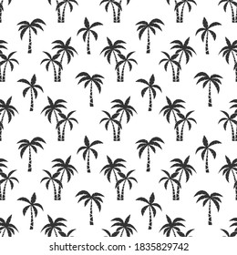 Palm trees black seamless pattern. Silhouette of tropical palmtree on beach for fabric print and swimwear textil, vector illustration tropic texture for travel brochure