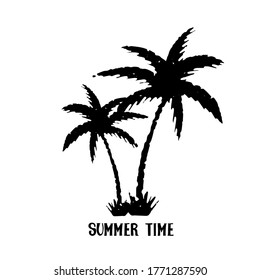 Palm trees black silhouette. Icon, logo. Sketch hand drawn isolated on white background. Handwriting font Summer Time