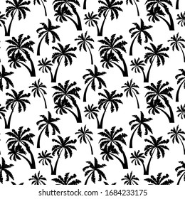 Silueta negra de palmeras sin soldadura aislada en fondo blanco. Vector monocromo simple ilustración plana. Textura floral sin fin. Muestra de contexto de diseño hawaii verano.