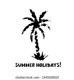 Palm trees black silhouette. Sketch hand drawn isolated on white background. Handwriting text summer holidays