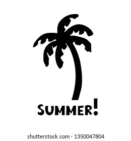 Palm trees black silhouette. Sketch hand drawn isolated on white background. Handwriting text summer