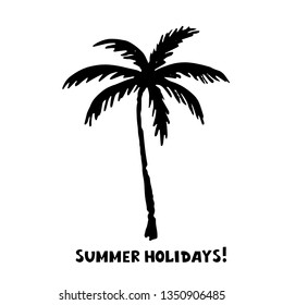 Palm trees black silhouette. Sketch hand drawn isolated on white background. Handwriting text summer holidays