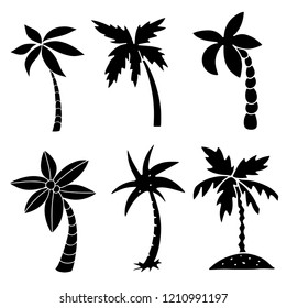 Palm trees. Black silhouettes. Hand drawn isolated on white background set