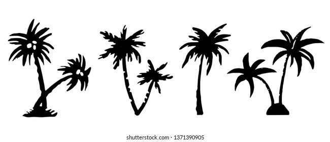 Palm trees black silhouettes set. Sketch hand drawn isolated on white background