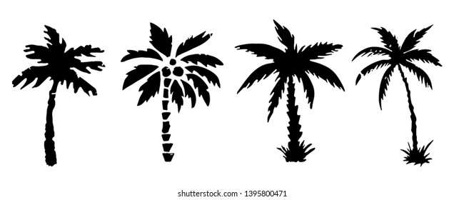 Palm trees black silhouettes set. Sketch hand drawn isolated on white background