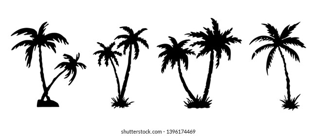 Palm trees black silhouettes set. Sketch hand drawn isolated on white background