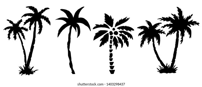 Palm trees black silhouettes set. Sketch hand drawn isolated on white background