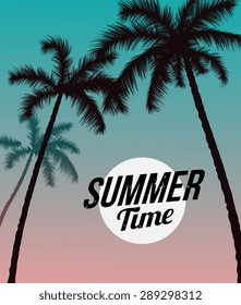 Palm trees and blue pink sunset. Vector illustration retro poster. Greeting card. Sea landscape. Vacation Holiday Tropical Ocean Island With Palm Tree. 