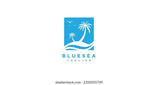 palm trees with blue wave sea logo symbol icon vector graphic design illustration
