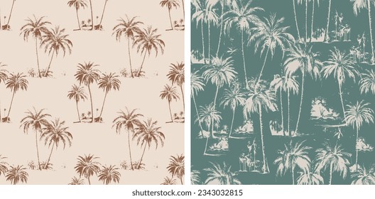 Palm Trees Boho Earthy Botanical Vintage Pattern Vector Illustration Set of 2