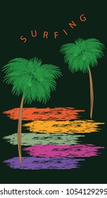 Palm trees and bright brush strokes in grunge style on a black background - inscription surfing - art vector. Tourist Poster
