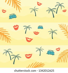 Palm trees and bus on the sand. Background for adventure. Palm branches on the sand. Marine background