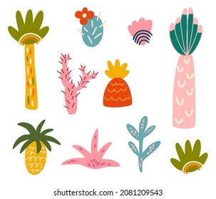 Palm trees and cacti set. Tropical plants. Modern abstract design in cartoon style. Vector hand draw illustration isolated on the white background. 